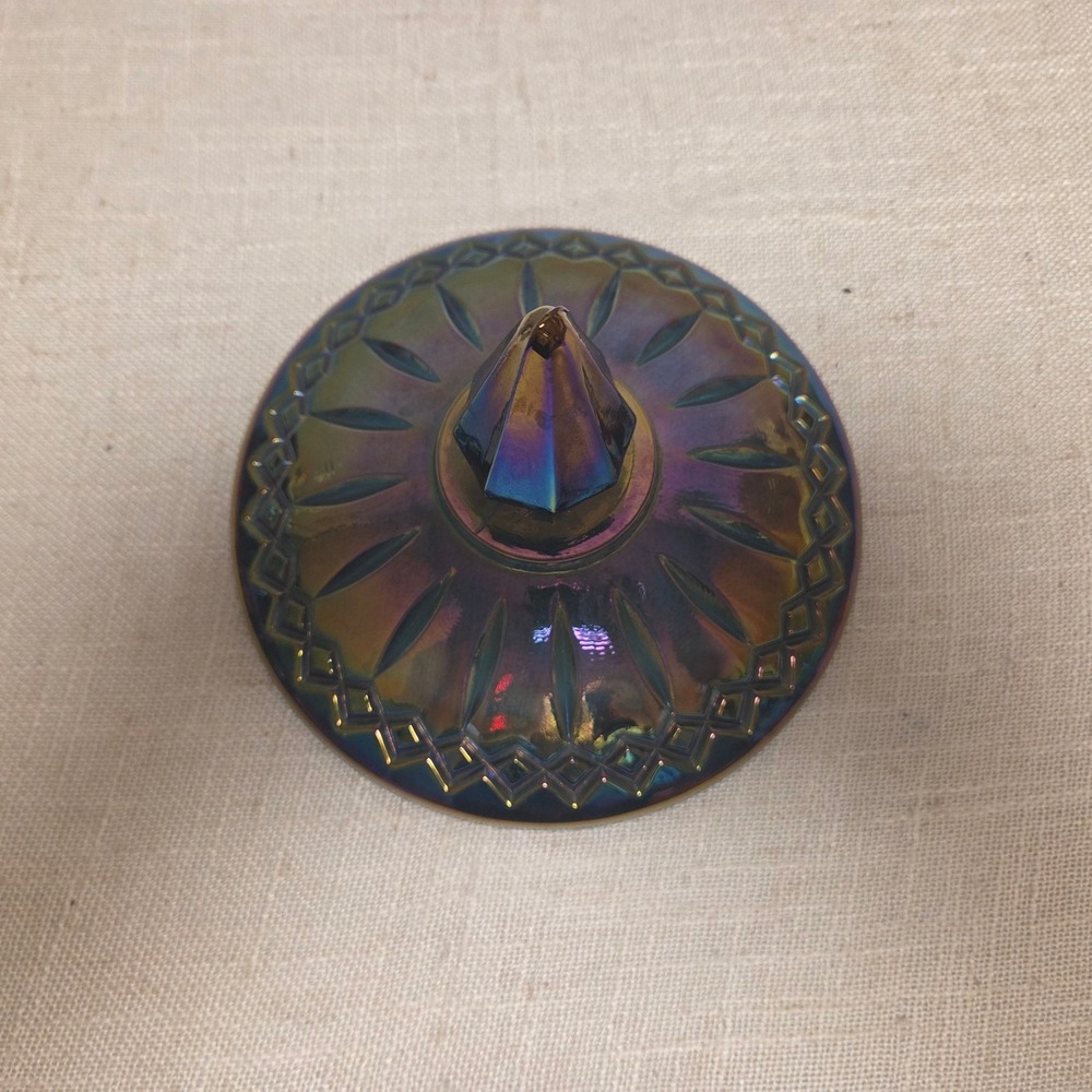 Vintage Blue Carnival Glass Trinket Dish with Lid Iridescent Oil Slick Jar - Picture 8 of 9